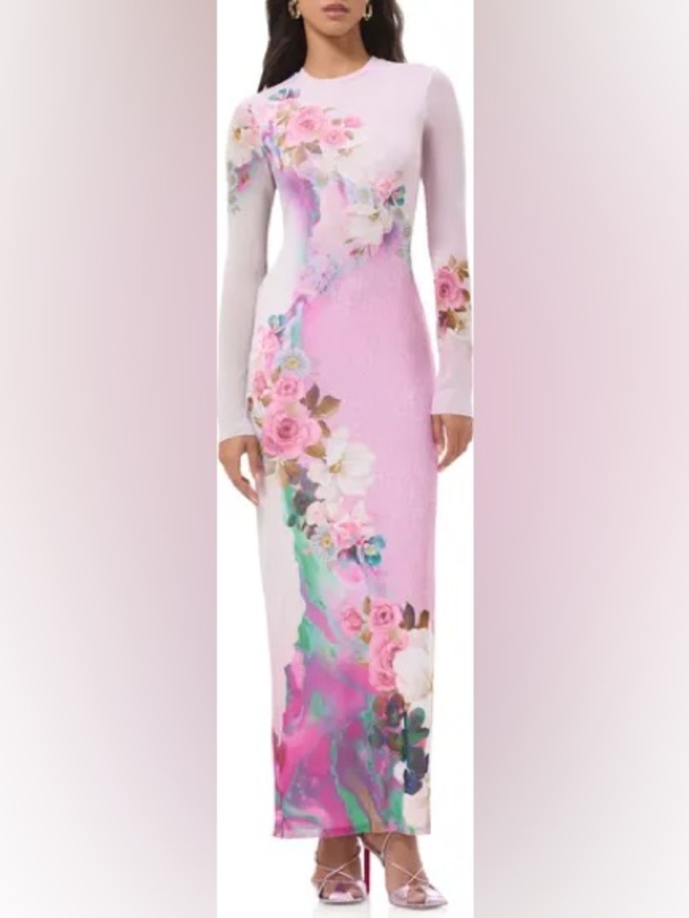 NEW AFRM Didi Long Sleeve Mesh Maxi Dress Pink Floral Long-Sleeve Sheath Dress L